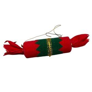 Christmas tree ornament present velvet red green gold trim cylinder 6" READ